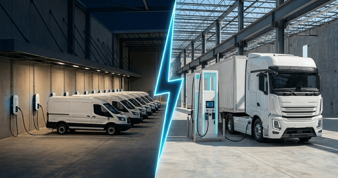 AC and DC EV chargers side by side in a commercial fleet depot